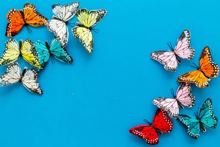 Butterfly - colorful and bright set - on blue background top-down frame.の写真素材