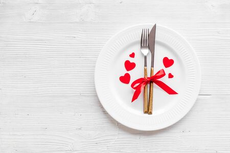 Valentines day table. Plate on grey background top-down copy spaceの写真素材