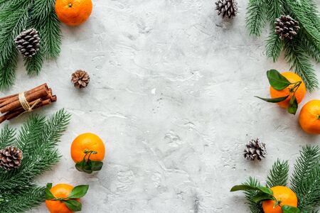 Tangerines near fir branches. New Year composition on grey background top-down.の写真素材