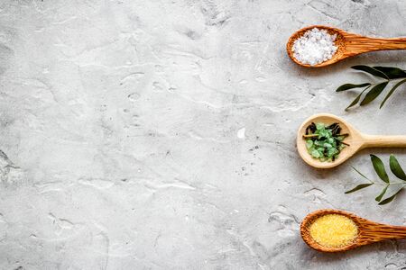 Colorful spa salt in spoons on grey background top-down frame copy spaceの写真素材