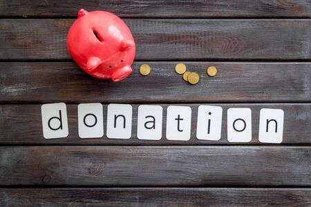 Donation concept. Piggy bank and coins on dark wooden background top-downの写真素材