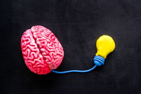 Brainstorm concept. Brain and bulb on black background top-down.の写真素材