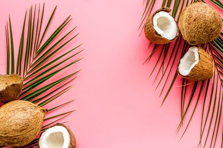 Exotic background with coconuts and palm leaves on pink background top-down frame copy spaceの写真素材
