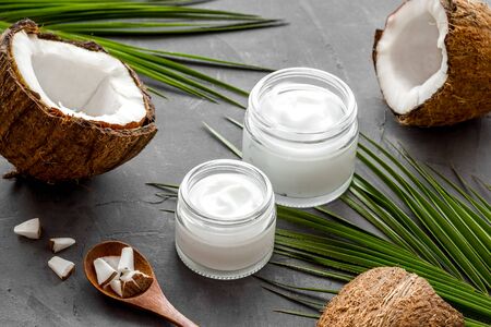Homemade coconut cream - still life with spoon - on grey backgroundの写真素材