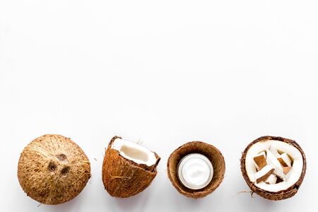 Homemade coconut cream on white background top-down frame copy spaceの写真素材
