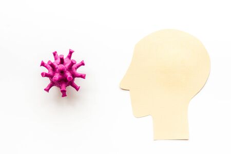 Corona virus Covid-19 - diagnostics concept with strain virus model and humans head - on white background top-downの写真素材