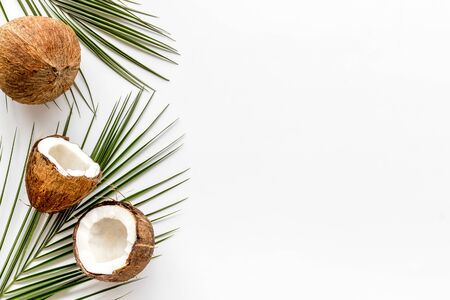 Coconuts frame. Nuts pieces and exotic leaves on white background top-down copy spaceの写真素材
