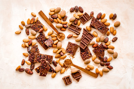 Sweets background with chocolate pieces and nuts on light table top-down.