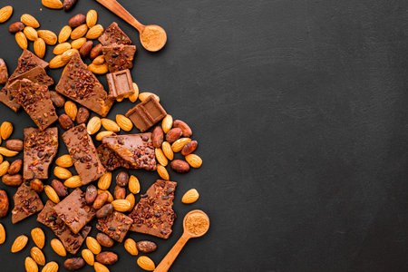 Chocolate frame. Broken slices and nuts on black background top-down.