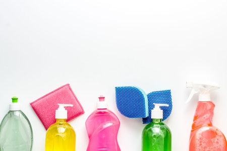 Detergent bottles - disinfection, cleaning - on white background top view pattern.