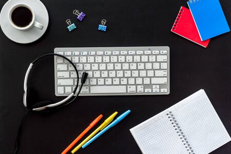 Education Online School Concept. Stationery on black office desk top viewの写真素材