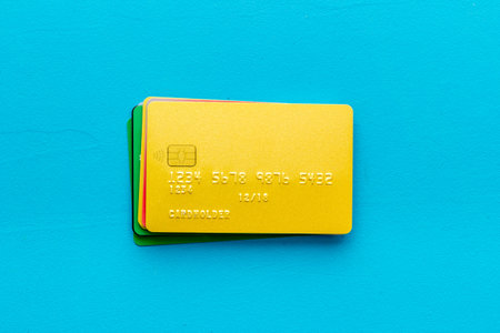 security concept. stack of credit card on blue desk top-down