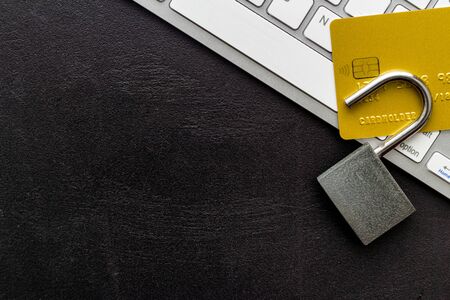credit card hacked on background top view copy space