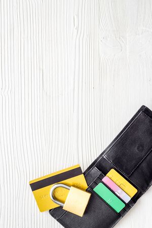 Credit card data security concept with lock on white desk top view copy spaceの写真素材