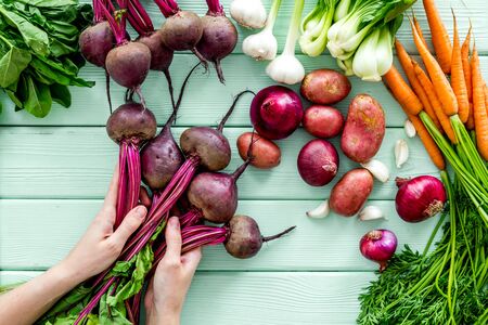 Harvest of vegetables. Hand hold beet with green tops top viewの写真素材