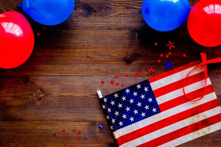 4th July celebration. American flag on wooden backrgound top view copy spaceの写真素材