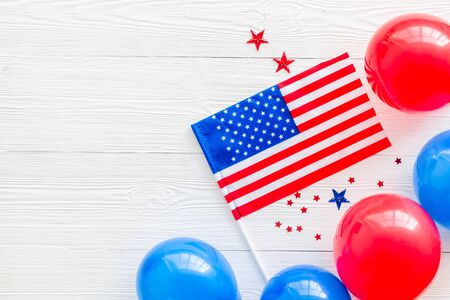 Independence Day greeting card with American flag, balloons flat lay copy spaceの写真素材