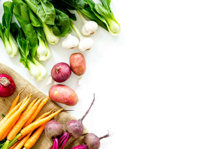 Harvest of vegetables. Home gardening. Top view frame copy spaceの写真素材