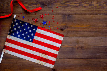 4th July celebration. American flag on wooden backrgound top view copy spaceの写真素材