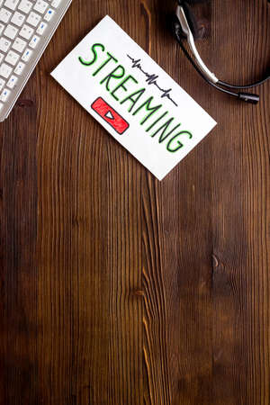 Streaming video concept - tablet on office workplace. Top viewの写真素材