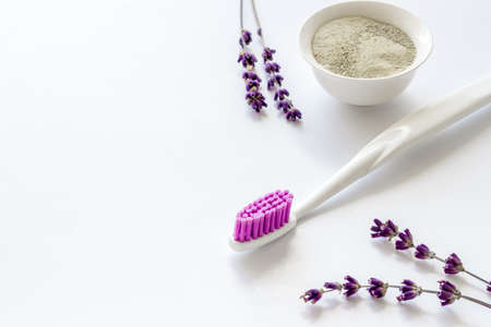 Herbal dental tooth powder with toothbrush. Health care and hygiene conceptの写真素材