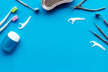 Pattern of dentist equipment. Tools, toothbrushes, dental floss flat layの写真素材