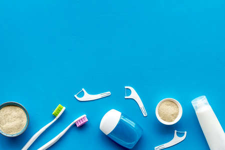 Oral care and hygiene layout of dental tools. Top view, flat layの写真素材