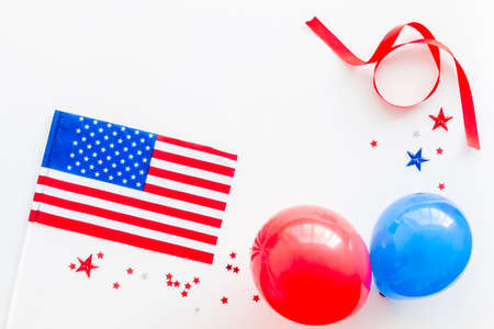 Independence Day greeting card with American flag, balloons flat lay copy spaceの写真素材