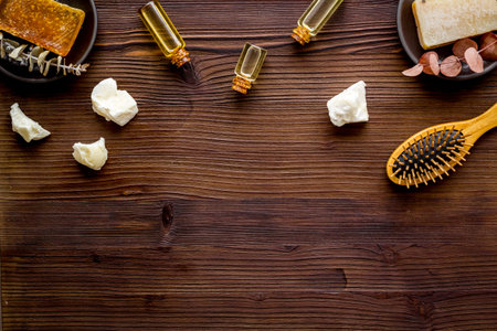 Set of herds for hair health care. Cacao butter and herbal oil. Top viewの写真素材