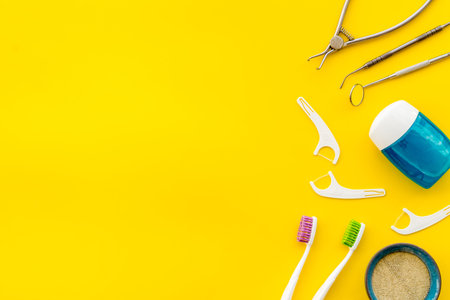 Dental care background above view. Lauout of stomatology tools