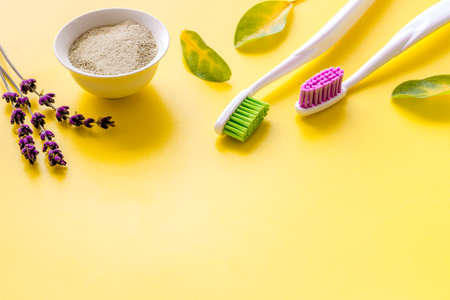Herbal dental tooth powder with toothbrush. Health care and hygiene conceptの写真素材