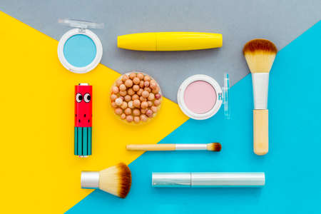 Multicolor pattern of makeup products and colorfull cosmetics. Flat lay top viewの写真素材