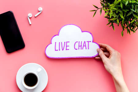 Live chat conversation message concept. Office desktop top viewの写真素材