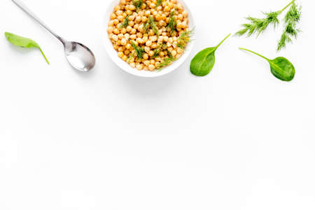 Chickpeas dishes. Vegan healthy food on white desk top view copy spaceの写真素材