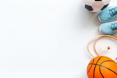 Set of sport games balls and equipment on white baclground. Top view copy space