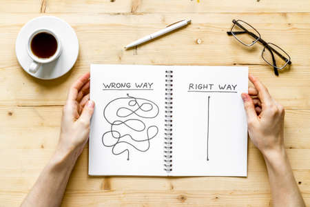 Open notepad with concept of right and wrong strategy - in hands - top viewの写真素材