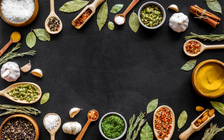 Frame of spices herbs and flavoring with space for text