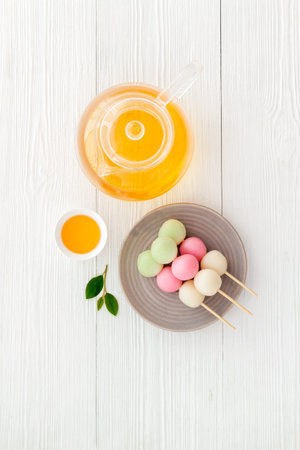 Japanese dessert - Dango dumpling - with tea, top view