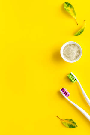 Dental care background above view. Lauout of stomatology toolsの写真素材