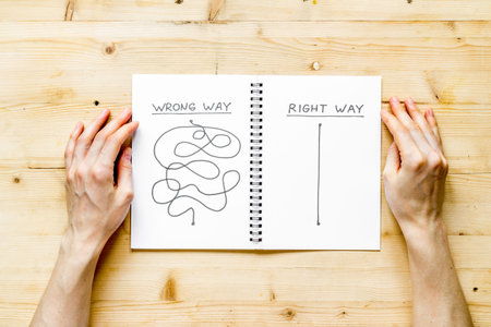 Open notepad with concept of right and wrong strategy - in hands - top view