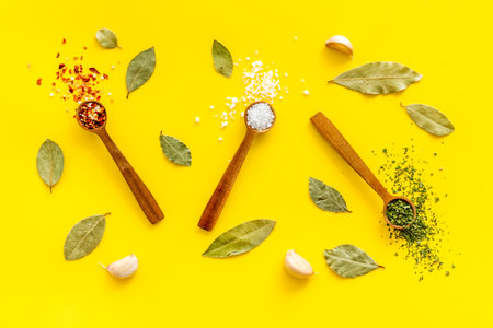 Asian and Indian spices and herbs in wooden spoons for cooking
