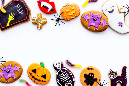 Frame of Halloween gingerbread cookies, top viewの写真素材