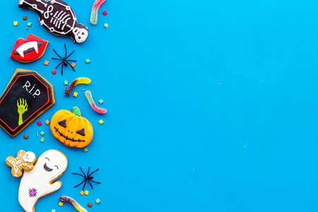 Flat lay of homemade Halloween cookies. Top view, copy spaceの写真素材