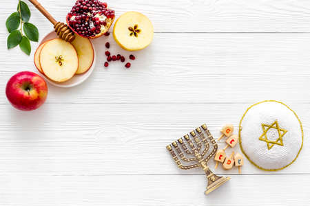 Jewish holiday background - food for Rosh Hashanah. Above viewの写真素材