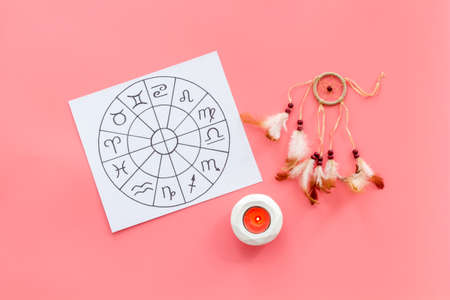 Horoscope wheel of astrology symbols on work placeの写真素材