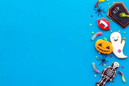 Set of Halloween cookies with candies flat lay, overhead viewの写真素材