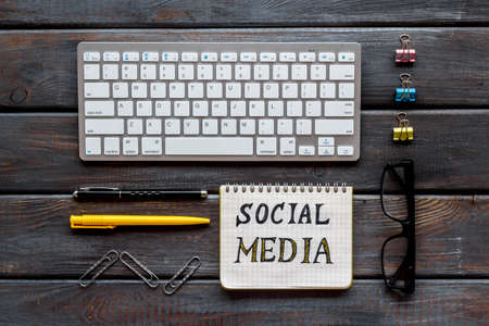 Network online internet social media trends concept with laptop. Top viewの写真素材