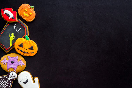 Ginger biscuits for Halloween on the table. View from above