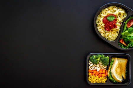 Restaurant food delivery, lunch boxes for daily nutrition, top viewの写真素材
