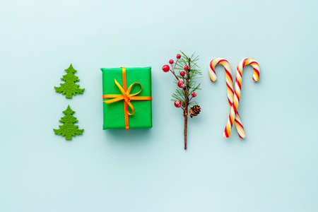 Pattern of christmas decoration with gifts and glass balls, top viewの写真素材